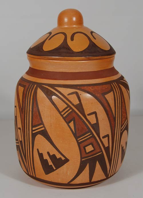 Hopi Pueblo Polychrome Cylindrical Lidded Jar by Karen Namoki