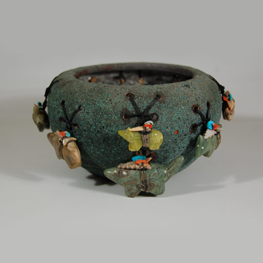Southwest Indian Pottery | Contemporary | Zuni Pueblo | Edna Leki | Zuni  Pueblo Turquoise Encrusted Bowl with Fetishes - Adobe Gallery, Santa Fe
