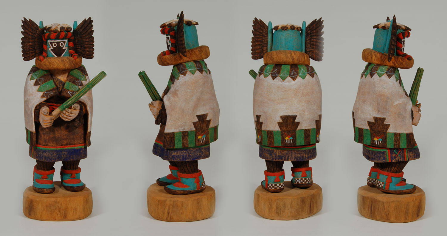 Hopi Konin Supi Kachina / Katsina Doll with shield and feathers