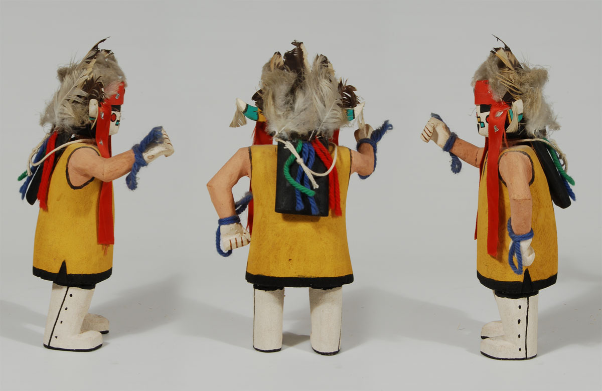 Hopi Konin Supi Kachina / Katsina Doll with shield and feathers