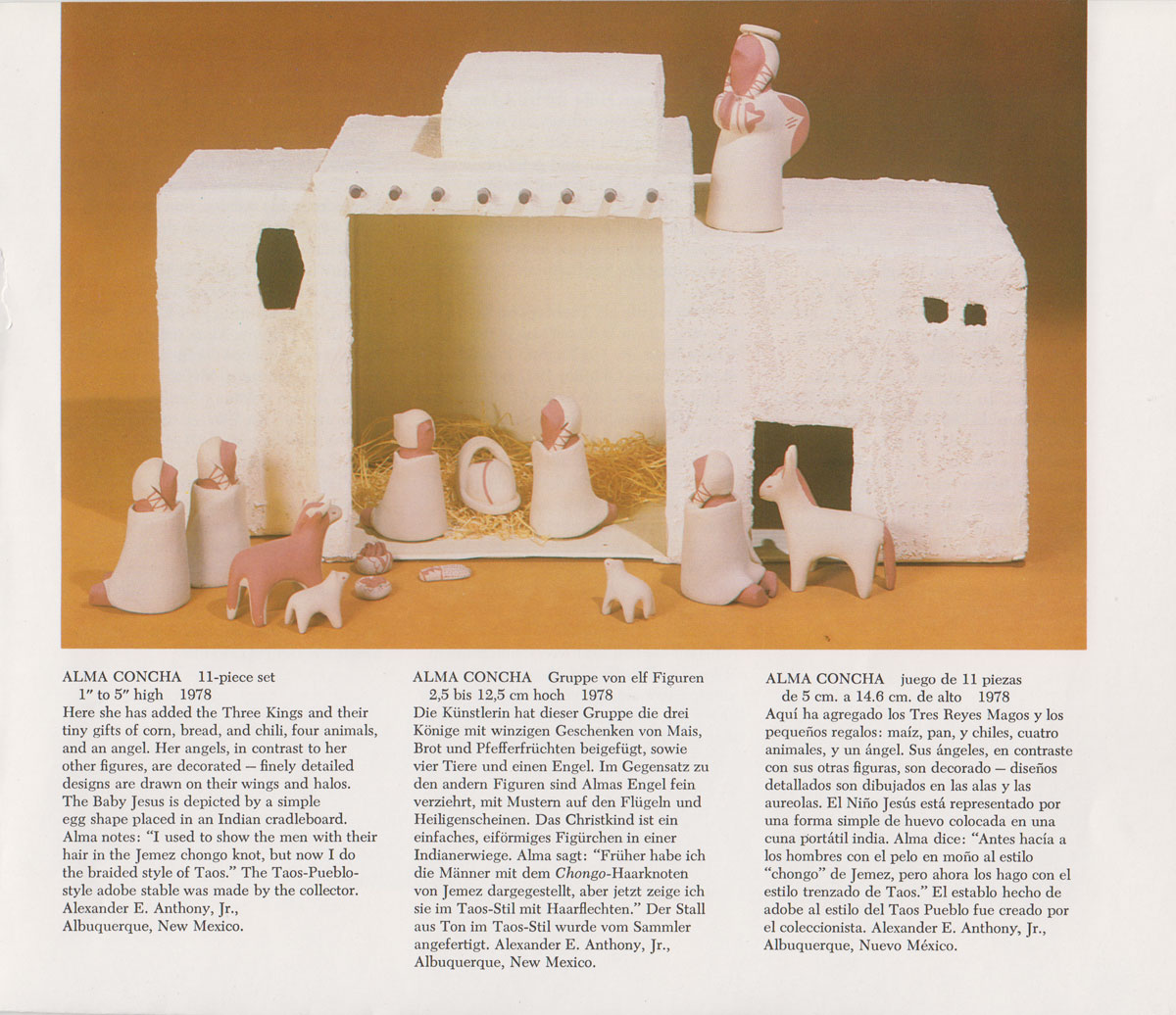 This nacimiento is included in the first edition of the book Nacimientos: Nativity Scenes by Southwest Indian Artisans by Guy and Doris Monthan, on page 79.  Included with the set is a handmade stable constructed from cardboard boxes, painted, with vigas, and stucco, made by the collector of the set.  The stable will be included with the nacimiento.