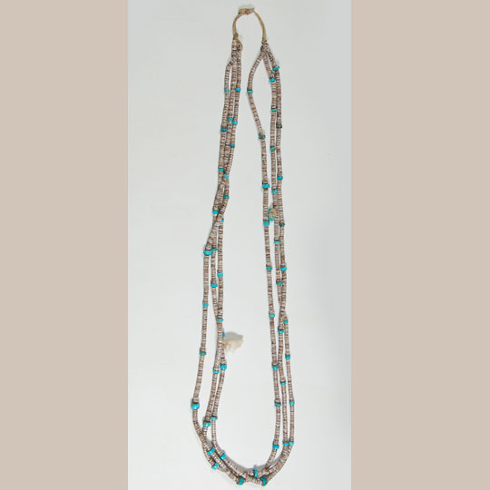 Kewa Pueblo Three Strand Turquoise and Shell Hieshe Necklace with Appendages - C3710B