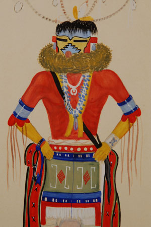Mostly, this artist is known to collectors as Percy Sandy or Kai-Sa, but Sandy is a corruption of his name, which is Tsisete.  In this painting, dated 1940, he signed his name as Percy Tsisete.  Later ones were signed Percy Sandy or Kai-Sa.  He was born at Zuni Pueblo in 1918 and attended elementary and secondary schools in Zuni.  He attended Santa Fe Indian School to do postgraduate work.  He later moved from Zuni to Taos, due to internal conflicts connected to his depiction of sensitive religious subjects. He died in Taos in 1974.  This painting is a beautiful rendition of a Zuni Katsina, the style painting that got Sandy in trouble with the religious leaders of the pueblo and the reason for his leaving Zuni and moving to Taos.  The colors are strong and vivid for a painting that is over 70 years old.  It apparently was not exposed to light for quite some time.  The painting of the Zuni Katsina is on paper on which Sandy had begun to sketch another Katsina previously on the opposite side of the paper.  We have framed the painting so that the sketch on verso is visible as well.  The painting has been framed using all acid-free materials and Museum Protective Glass.  It is well-protected and ready to hang and enjoy.    Condition:  The painting is in remarkable condition for its age. Provenance: from a gentleman in California (along with our item number 25520) Recommended Reading: Southwest Indian Painting a changing art by Clara Lee Tanner 
