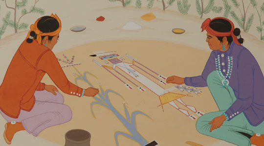 Sandpaintings are made by Navajo medicine men for use in curing ceremonies.  When a patient is no longer in harmony with nature, or sick as we say, then a week-long ceremony is conducted by a medicine man hired for the purpose of bringing the patient back into harmony.  These long ceremonies are rather expensive and often not affordable to the Navajo.  When one can afford to hire a medicine man, then a ceremony can be conducted.  The sandpainting, once completed inside the hogan, is then ready for the patient to be placed on it.  He or she sits on the sandpainting and the medicine man conducts the healing rites.  It is believed that the sickness or disharmony is drawn from the patient into the sandpainting.  It is therefore necessary to destroy the sandpainting at the end of the ceremony and before sunset of the day of the ceremony.  Begay has produced a most beautiful painting of the medicine men at work.  His use of soft colors reflects the muted colors of sand used in the sandpainting.  Even the colors of the Navajo rug in the foreground are muted.  The painting is signed in lower right with the artist’s English name in in lower left with his Navajo name.  Condition:  The painting is in original excellent condition  Provenance: from a Santa Fe gentleman  Recommended Reading:  Southwest Indian Painting a changing art by Clara Lee Tanner 