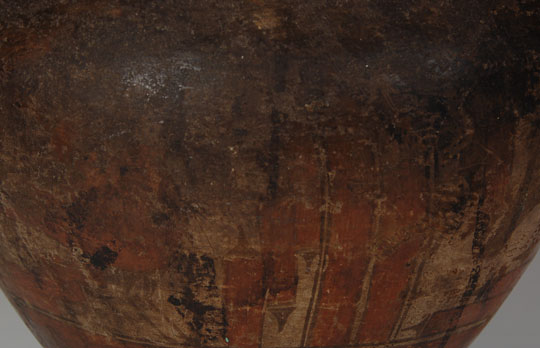 Zia Pueblo Well-used Historic Olla Southwest Indian Pottery Historic Zia Pueblo This is a regularly decorated Zia olla with Zia birds and double rainbow designs. The design is mostly obliterated because of the extensive use of the jar. It appears that the jar could have been used in cooking or perhaps storing liquid that either leached through the surface or spilled over the surface from decades of dripping from the use of a ladle. Whatever the reason for the immense amount of surface patina, it is a beautiful example of a traditional jar that was made for use and used extensively. We see so many ollas that were made for sale and they are pristine, so it is refreshing to see one that has a history of use. Condition: consistent with use Provenance: from an Albuquerque gentleman Recommended Reading: The Pottery of Zia Pueblo by Harlow and Lanman