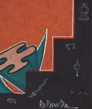 Popovi's special skills were in beautiful, balanced, geometrical and symbolic designs.  He had the delicate touch of a fine artist, whether in paintings or pottery.  His name is synonymous with artistic genius, a trait he inherited from his famous parents.  Popovi was baptized Antonio Jos&eacute; Martinez but officially changed his name to Popovi Da, his Indian name, in 1948.  He attended San Ildefonso Day School and the Santa Fe Indian School, where he studied under the tutelage of Dorothy Dunn and Geronima Cruz Montoya.  Popovi Da started painting even before entering elementary school.  Even before attending the Santa Fe Indian School, Po painted in the two-dimensional style of the older painters at the pueblo.  Perhaps he watched his dad paint.  His favorite subjects were always animals.  Po, as he was called, was drafted into the Army in 1944 and assigned to Los Alamos National Laboratory where he spent the remaining years of his tour.  He then stayed at Los Alamos and worked for the contractor after the war.  This, of course, limited his time for painting.  Around 1948, he and his wife opened the Studio of Arts at the pueblo and Po began helping his mom with her pottery.  As a result, there are very few of his paintings available and most of them pre-date World War II.  This graceful leaping deer is representative of his style.  It is almost Art Deco in style, but clearly follows the Indian School two-dimensional theme.  The grasses in the foreground exhibit a modernist look while the petroglyphs adjacent to them are clearly prehistoric.  The painting is an excellent example of his work.  Condition:  appears to be in original condition.  It is framed using acid-free materials and a new wood frame.  Provenance:  from a resident of Santa Fe  Recommended Reading:  The Legacy of Maria Poveka Martinez by Richard L. Spivey 