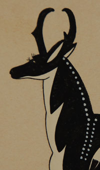Abel Sanchez was known as Oqwa Pi in the Tewa language.  He was the grandfather of San Ildefonso potter Russell Sanchez. Except for what little instruction he received at the Santa Fe Indian School, he had no other formal training. To quote the artist: "I, Oqwa Pi, have been painting since the early 1920s.  As I found that painting was the best among my talents, I decided to do my best to win me fame as an Indian artist....as an artist, I have raised a big, healthy family for my painting brought in good income...." Artist letter to Philbrook Art Center   Characteristic of Oqwa Pi's style, there are no backgrounds, foregrounds, or ground lines. This tends to make his art charming and true to the folk art style and certainly true to the Santa Fe Indian School style.  The fresh color and action and the great simplicity of his paintings made the works of his well received in exhibits at the Milwaukee Art Institute, Yale University, Museum of Modern Art in New York City, Stanford University and the Gallery of Fine Arts in Muskegon, Michigan.   This simple black and white painting of a pair of antelope easily demonstrates his outstanding artistic talents.  Each animal is well illustrated and their positions opposing each other are more creative than most artists who tend to have them facing in the same direction.  Oqwa Pi was a very talented self-taught artist who was well appreciated when he was alive and is well appreciated still today.   Condition:  This painting was delivered to us without a frame so we were able to examine the paper.  We found no significant discoloration or acid burn.  There is one brown spot in lower center of the paper and a small water spot close to that, otherwise there is no damage. Provenance: acquired from a couple from Massachusetts. Recommended Reading: Southwest Indian Painting: a Changing Art by Clara Lee Tanner. (There is one copy of this out of print book available from us at $95.  It was formally in the Central Library, Finger Lakes Library System, Ithaca, NY).