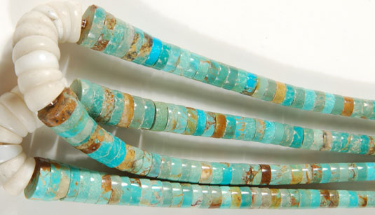 Close up view of the Pueblo Turquoise  and Shell Jaclas