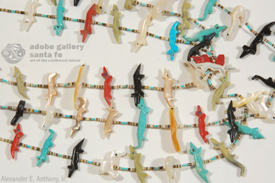 This exceptional Zuni Pueblo fetish* necklace is comprised of three strands, each of a different length arranged in such a manner that each strand can be viewed without overlapping another.  
