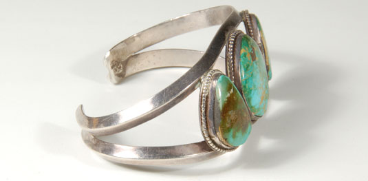 Side View: Bracelet with three Blue Green Turquoise Cabs