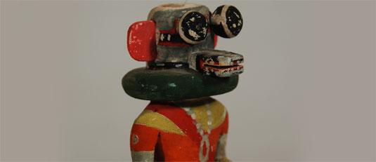 Close up view: Hopi Tuskiapaya - Crazy Rattle Katsina Doll