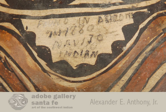 Written in pencil on the body of this pitcher is “Found in Acoma in 1880 Navajo Indian.” 