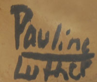 There was a period when Luther worked with his daughter, Pauline Naranjo (1931-deceased), possibly in the 1980s.  This 10-piece pottery nacimiento is cosigned Pauline/Luther.  It is quite likely that Pauline made the set and her dad painted the designs.