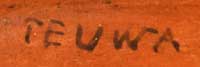 On the underside is written, in black pigment that is fired on, the word TEUWA.  Presumably this is a reference to it having been made by a Hopi-Tewa potter.