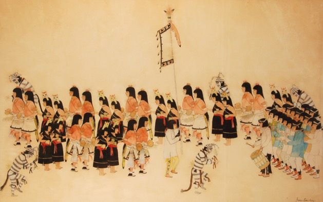 Awa Tsireh, "Very Large Dance Procession with Koosa Clowns," watercolor,