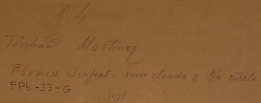 This painting on paper is titled in pencil on verso "Plumed Serpent - Rain Clouds & ¾ Circle" and signed Richard Martinez c.1927. Ink stamped on verso is Dr. Bertha P. Dutton, P. O. Box 5153, Santa Fe, NM 87501. In pencil by her stamped name is Ind. 35 Scheduled.