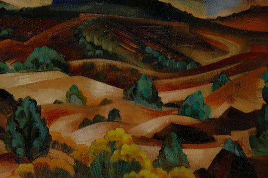 Summer storms over the Taos Mountains and Santa Fe's Sangre de Cristo Mountains are among nature's most spectacular moments, akin to storms over the Grand Canyon. Moments like these are irresistible to artists of the Southwest.  John Marin, Victor Higgins, Raymond Jonson, James Morris and others have painted storms over the Taos Mountains. Now, Navajo artist Tony Abeyta has done so and in a most spectacular manner. The rolling hills are awash in color&mdash;reds, yellows, tans, greens and blues&mdash;and are being nurtured with strong waves of rain. There is almost a cubist or modernist approach to the painting. As usual, Abeyta has produced a powerful image of nature at work.  Abeyta is a very versatile artist. He is unquestionably one of the most talented and celebrated young artists of today. He has continued to expand his area of interest in painting and constantly has enlarged his field of expertise. He is one of today's most collectible young Native artists.  The painting is framed in a handmade wood frame with gold wash. The artist signature appears in lower right.  Condition: as original Provenance: from a Santa Fe gentleman Recommended Reading: 100 Artists of the Southwest by Douglas Bullis 