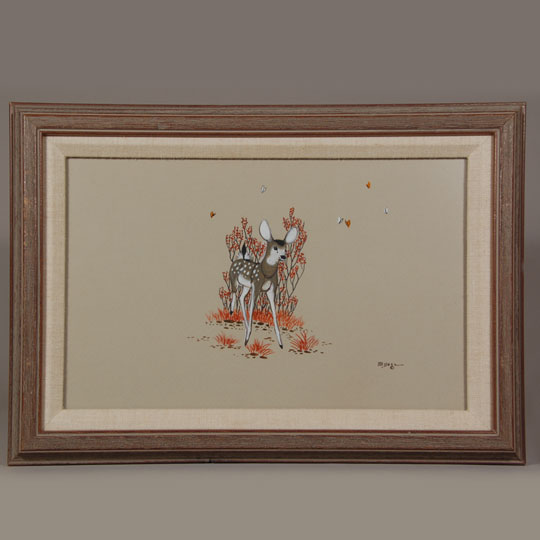 This pair of original paintings by Beatien Yazz is being offered as a set because they were obviously meant by the artist to be displayed together.  They were painted with the same palette and complimentary design elements.  They are framed identical.  Beatien Yazz, born in 1928, spent his childhood on the Navajo Reservation, familiarizing himself with nature and the wildlife that freely roamed its vast lands. In their natural habitat, animals provided beautiful tableaus from which Yazz could draw on to create his beautiful works depicting everyday life on the reservation.  Condition: The paintings appear to be in original excellent condition but they have not been examined out of the frames.  Provenance: From an Albuquerque resident.  Recommended Reading: Yazz: Navajo Painter by J. J. Brody 