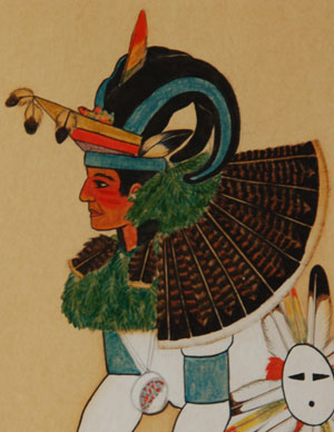 José Rey Toledo was a very well educated person. He had attended the Albuquerque Indian School in the 1930s, then went to the University of New Mexico from which he obtained a Bachelor of Arts degree and continued on to obtain a Masters of Arts at UNM by 1955. After graduating from UNM, he served as head of the art department at the Santa Fe Indian School. He obtained a Masters of Public Health degree from the University of California Berkley in 1972. He is listed as having been an art instructor, education health specialist, administrator of Indian health programs, actor, educator, lecturer, muralist and painter. It is this last category—painter—that is of interest to us. Toledo, as a youngster, observed his cousin, Velino Shije Herrera of Zia Pueblo, while he painted. It was this that stimulated his interest in art. He painted very little during the 1950s to the 1970s while pursuing his academic degrees, but began to paint again at some time after that. Because of his many and varied interests, Toledo never produced a large quantity of paintings. The Museum of Indian Arts and Culture mounted a retrospective of his works in 1994, just months before he passed away. Toledo followed traditional pueblo subject matter in many of his paintings—single or group dance figures and village scenes. Usually, the dance figures show a great deal of activity. Generally, he did not paint background scenes, just the flat figures against a plain background. Good rich coloring appears in his paintings. This painting of a Ram Dancer and a Deer Dancer appears to be an early one by the artist, probably as early as the 1930s when he was observing his cousin Ma Pe Wi paint.  The facial details are beautifully executed and the costume presentation is accurately portrayed.  The detail of the evergreen ruff and the feathers is exceptional.  The artist spent considerable time painting this one and paid strict attention to the minutest detail. Condition: The painting appears to be in original condition but has not been examined out of the frame. Recommended Reading: American Indian Painting of the Southwest and Plains Areas by Dorothy Dunn Provenance: ex. coll. Kentucky family