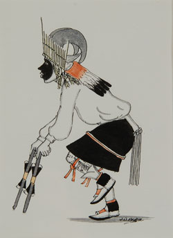 Roybal grew up under the artistic influence of his well-known uncle, Awa Tsireh. Early in his education, he studied at St. Catherine’s School in Santa Fe and at the Business College of Santa Fe. In the early 1950s he and Julia were married and it was then that he started producing pueblo dance designs on hand-painted Christmas cards and note cards. By 1955 he was seriously painting larger works and recognition for his talents came from the Heard Museum in Phoenix and the Philbrook in Oklahoma. He received a consistent string of first prizes in painting for each year since the Eight Northern Pueblos Arts and Crafts Shows began. He is known by most collectors for his Koshare clown figures, mostly in note card size, but he was quite adept at painting larger images and very good at illustrating traditional dance figures such as this Deer Dancer and Ram Dancer. The costuming detail is quite remarkable and the facial expressions reflect the seriousness of the dancers. These two individual paintings have been framed in a single frame using all acid-free materials.  Condition:  Both paintings appear to be in original excellent condition but have not been examined out of the frame.  Provenance:  from an Albuquerque gentleman  Recommended Reading:  Southwest Indian Painting a Changing Art by Clara Lee Tanner 