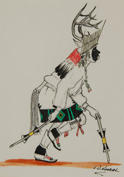 Roybal grew up under the artistic influence of his well-known uncle, Awa Tsireh. Early in his education, he studied at St. Catherine’s School in Santa Fe and at the Business College of Santa Fe. In the early 1950s he and Julia were married and it was then that he started producing pueblo dance designs on hand-painted Christmas cards and note cards. By 1955 he was seriously painting larger works and recognition for his talents came from the Heard Museum in Phoenix and the Philbrook in Oklahoma. He received a consistent string of first prizes in painting for each year since the Eight Northern Pueblos Arts and Crafts Shows began. He is known by most collectors for his Koshare clown figures, mostly in note card size, but he was quite adept at painting larger images and very good at illustrating traditional dance figures such as this Deer Dancer and Ram Dancer. The costuming detail is quite remarkable and the facial expressions reflect the seriousness of the dancers. These two individual paintings have been framed in a single frame using all acid-free materials.  Condition:  Both paintings appear to be in original excellent condition but have not been examined out of the frame.  Provenance:  from an Albuquerque gentleman  Recommended Reading:  Southwest Indian Painting a Changing Art by Clara Lee Tanner 