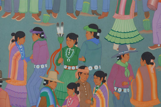 Original painting by Harrison Begay depicting Navajo life scene:  the Navajo Round Dance.  In the Round Dance, everyone joins hands and form a big circle moving clockwise.  If there are many people participating, another circle is formed inside the first circle that moves in the opposite direction (counter-clockwise).  