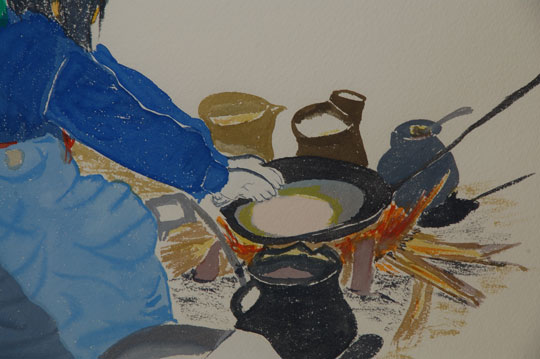 Alfred Aguilar, potter and painter, is the son of Rosalie and José Aguilar, famous potters of the past.  He is known for his pottery buffalo figurines and pottery nacimientos sets.  He has been a teacher’s aide and classroom instructor at the pueblo and operates a store on the pueblo.  This watercolor painting he entitled “Fry Bread” illustrates a female making the well-loved native delicacy.  It is signed in lower right and on verso but not dated.  It probably dates to the 19670s based on other paintings in the collection from which this came.  Condition:  appears to be in original condition  Provenance:  from the collection of Katherine H. Rust 
