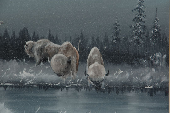 The scene portrayed is a traditional Kiowa burial scene.  It is speculated that the three white buffalo are depicting spiritual buffalo, not real live buffalo.  The burial is taking place in winter as evidenced by the dreary sky color and the abundance of snow.  Hill, or Whitebuffalo, had a varied career as a technical illustrator, commercial artist, promotional director for manufacturing companies, scenic artist and set designer, free-lance artist, and painter. It is speculated that he probably did not produce many paintings during his busy career.  The painting is signed in lower left and dated 1970.  Condition:  the painting appears to be in original condition although it has not been examined out of the frame  Provenance: from the collection of Katherine H. Rust 