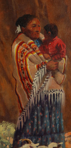 Abeita, being born and raised on the Navajo Reservation, at Crownpoint, New Mexico, was exposed all his young life to the ways of Navajo families living and raising sheep in Canyon de Chelly, that marvelous beautiful canyon, sometimes called the Little Grand Canyon.  His treatments of the landscape and the people of the canyon are unmistakably accurate.    Abeita’s presentations of the red rocks that form the background of this painting are a precise representation of those in the canyon.  His details of the rock formation and the ground around the area are not the work of an amateur artist but of one with an acute eye for detail and patience to see the project to completion.  The detail he presents in the clothing of the women is in the style of contemporary Navajo art but is well beyond what his contemporaries present.  The herd of sheep, each one presented in the finest detail, illustrates well this artist’s dedication to his work.  This is an exceptional painting of a moment in the lives of a Navajo family.  The painting is signed in lower right, but not dated.  It most likely was completed in the 1960s based on the dates of other paintings in this collection.  Condition: original condition  Provenance: from the collection of Katherine H. Rust  Recommended Reading:  The American Indians of Abeita: His People with an Introduction by Joseph Stacey 