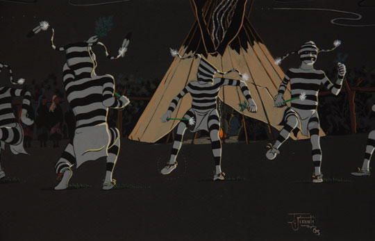 Vicenti has painted with all types of media and portrayed a large variety of subjects, but his prime theme is centered among his Jicarilla Apache culture.  This painting of a Clown Society Ceremony is strikingly dramatic.  Painted on black paper to portray a night ceremony renders the entire painting in shades of grey and black with highlights of a fire and a teepee in color.  Scattered in the background is a variety of colorfully clothed spectators, not easily visible at first.  Vicenti, born at Dulce, New Mexico, attended Albuquerque High School, Haskell Institute, Brigham Young University and several other Utah colleges as well as the National University of Mexico in Mexico City.  He studied art in all of these schools so he was very well trained as an artist. It is no surprise, then, that he was an art instructor at one time.  He also garnered many awards during his career.  This painting is the first by this artist that we have ever had in the gallery and we are most impressed with his rendering of the subject matter and the manner of his style and quality of his work.  Condition:  The painting has just been re-framed using acid-free materials and put back into the original black wood frame.  Provenance: from the collection of Katherine H. Rust  Recommended Reading: Southwest Indian Painting a changing art by Clara Lee Tanner 