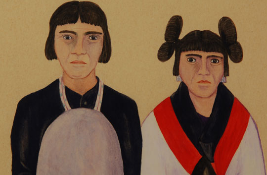 Kewanyama was born at Shungopavi Village, Second Mesa, on the Hopi Reservation on October 14, 1922. As an adult, he moved to Winslow, Arizona, where he made a career of carving Katsina dolls and painting images of Katsina dances. He also made jewelry in the Hopi silver overlay style. He served in the U. S. Navy during World War II.   Works by Kewanyama are in the Museum of the American Indian Heye Foundation in New York; Museum of Northern Arizona in Flagstaff;  Museum of New Mexico in Santa Fe; and in the National Park Service, Department of Interior in Washington, DC.  Exhibits of his art have been featured at the Arizona State Museum of the University of Arizona in Tucson; Hastings College Art Center in Hastings, Nebraska; the Museum of the American Indian in New York; the Philbrook Art Center in Tulsa, Oklahoma; and the Peabody Museum at Harvard University in Cambridge, Massachusetts.  These collections and exhibits of his work are testimony to his importance as an early Hopi artist.  This painting is an early work by Kewanyama as revealed by the stiffness of the subjects.  His early works tended to be more static than his later works.  There was little modeling, no ground plane, and the figures appear rather flat.   Despite these comments, it is recognized that his paintings of Hopi subjects reveal accurate ethnological details.  The painting is signed in lower right L.C. Kewanyama.  It is painted on cream colored paper.  The painting has been mounted with hinges so that the full paper is floated and visible.  All acid-free materials have been used.  Condition:  the painting is in original excellent condition with vivid colors still predominating.  Provenance: from the collection of Katherine H. Rust  Recommended Reading: Southwest Indian Painting a changing art by Clara Lee Tanner 