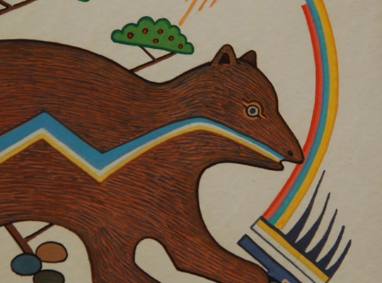 This pair of paintings was rendered in the typical style of Gilbert Atencio with much color and significant quantities of background material.  Both of these were painted on cream-colored paper.  The heartline bear is surrounded by the sun and rainbow as well at trees and a yucca plant.  The heartline deer is surrounded by a blooming yucca plant, an elaborate geometric ground plane that continues up as a wall on the left, and clouds above the deer.  We have chosen to offer these as a pair because we think Atencio had that in mind when he painted them. They are both signed and dated ’67.  The paintings were framed without adding mats around them.  The full image of the paper is visible.  Gilbert Atencio was one of the youngest pueblo artists in the 1940s.  He had spent two years at the Santa Fe Indian School.  By the age of 20, he had exhibited at the Santa Fe Museum and in Gallup and Albuquerque as well as the Philbrook Art Center in Oklahoma.  He had already been awarded six first prices, six second prizes and five third prizes by the age of 19.  Atencio was the son of Isabel M. Montoya and the nephew of Maria Martinez. He was educated at San Ildefonso Day School and graduated from the Santa Fe Indian School in 1947. He served in the U. S. Marine Corp after which he worked at Los Alamos National Laboratory as a medical illustrator for most of his adult life.  His attention to detail in medical illustrations carried forth into his paintings of pueblo life.  Condition:  Both paintings appear to be in original excellent condition.  Provenance: from the collection of Katherine H. Rust  Recommended Reading: Southwest Indian Painting a changing art by Clara Lee Tanner 