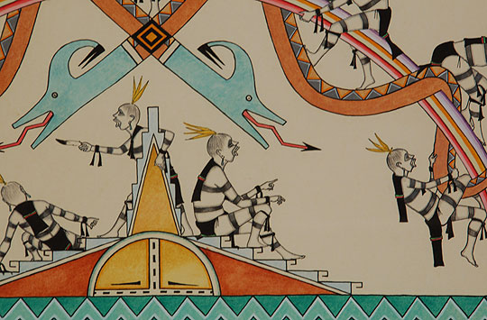 J. D. Roybal is best known for his portrayal of the Koshare or Koosa Clowns.  His paintings present traditional pueblo ceremonies and legends in a realistic and symbolic manner and often with added touches of humor.  In this painting, ten Koosa Clowns are involved in tormenting two Avanyu who are wrapped around a rainbow.  It appears that the Sun is rising in the lower center of the painting.  Some of the clowns are pulling at the tails of the Avanyu while others torment them with feathers.  The clowns on the rainbow and those below suggest much joviality in their actions and facial expressions.  It is more of a game rather than torment.  The painting, as in all of his work, prevails in excellent detail, small and fine outlines, gesturing figures and a pleasing combination of ritual and humor.  The color palette is beautifully controlled and a good mixture.  This painting is certainly one of his masterpieces.  Condition:  The painting is in excellent condition.  It has been reframed using all acid-free materials and put back in the original carved wood frame.  Provenance: from the collection of Katherine H. Rust  Recommended Reading:  Southwest Indian Painting a changing art by Clara Lee Tanner 