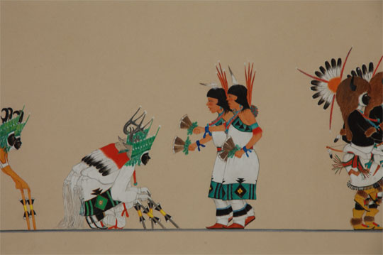 J. D. Roybal was a nephew of Alfonso Roybal (Awa Tsireh) and he lived at San Ildefonso Pueblo.  He painted traditional pueblo dance scenes but added his own touch when doing so.  Often he added humor in his paintings.  In this painting, however, he followed tradition and presented the Animal Dance in all its solemnity.  There is a pair of Antelope Dancers in the far left, both with its right foot raised in movement.  In front of them is a pair of Deer Dancers, both kneeling in front of two females who appear to be offering a blessing over them?  Having already passed the females is a pair of Buffalo Dancers who stand in front of a group of chanters and drummers.  In the sky above the dancers, Roybal painted an Antelope, a Buffalo and a Deer, illustrating the intent of the dance as a plea for good hunting for the upcoming season.  It is this special touch that makes Roybal’s paintings unique and desirable.    Condition:  The painting is in remarkable condition.  It has one very small brown spot resting on the blue cloud line at the far left of the painting.  It has just been reframed using all new acid-free materials and a new dark brown wood frame.    Provenance: from the collection of Katherine H. Rust  Recommended Reading:  Southwest Indian Painting a changing art by Clara Lee Tanner 