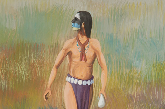 Walters attended the Institute of American Indian Arts, Santa Fe, in 1962-63, the Kansas City Art Institute, and the College of Santa Fe.  While a student, he won several honors at various shows, particularly at the Gallup annual Inter-tribal shows.  He has exhibited at the Art Gallery of Museum of New Mexico, at Philbrook, in Scottsdale, in Gallup and many other cities and institutions during his career.  Walters is a scholar whose work focused on the culture and philosophy of his people.  He devoted 35 years of his life as an educator and director of the museum at Diné College in Tsalie, Arizona, from which he retired in 2008. He now lives on the Navajo Reservation in northeast Arizona, in a small community called Water Well, with his wife of 44 years, Anna Walters.  His paintings reflect Navajo life as it is today as well as scenes from Navajo myths and legends.  His style reflects an almost impressionistic one.  His treatment of the multi-colored grasses in the foreground is exceptional and the Navajo man is rendered in classic detail.  The painting is signed and dated Harry Walters 64 in lower right.  This would indicate that he painted it at the age of only 21.  This painting has a notation on verso that states: “From: The ‘Mountain Chant’ on the third morning the                    patient goes out to the hills to make an offering.”   Also on verso is a rubber stamp indicating the painting was purchased from Balcomb’s Indian Arts, 811 West Coal Avenue, Gallup, NM.  Condition: The painting appears to be in original condition.  It is framed in the original wood frame with all acid-free materials.  Provenance: from the collection of Katherine H. Rust 