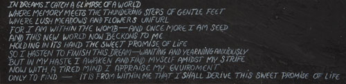 I will not attempt to elaborate on the artist’s interpretation of this painting.  As always, he provided a poem with each painting and presenting this poem should be sufficient explanation.  “In dreams I catch a glimpse of a world  where memory meets the thundering steps of gentle feet where lush meadows and flowers unfurl for I am within the womb—and once more I am seed and this new world now beckons to me  holding in its hand the sweet promise of life so I hasten to finish this dream—wanting and yearning anxiously but in my haste I awaken and find myself amidst my strife now with a tired mind I appraise my environment only to find—it is from within me that I shall derive this sweet promise of life”  Condition:  very good condition and in original frame.  Signed and dated 1970.  Provenance: from the collection of Katherine H. Rust 