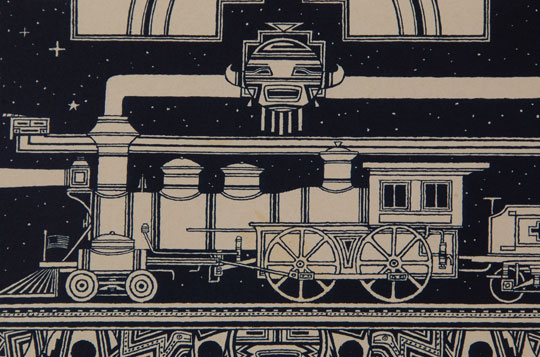 The artist presents a traditional dance tablita as the area on which to paint the design.  In top center of the tablita, there is a sun face with buffalo-type horns but below that is a train engine and tender.  It is speculated that the intent of the artist is to show the infiltration of the Anglo-world into the Navajo Reservation through introduction of the iron horse through the reservation.  Above the engine on the left is a Yei mask and on the tender behind the engine is a Navajo Rug design of large crosses.  A complete mixture of both cultures is illustrated in less than a square foot of art.  Douglas Johnson was born in Portland, Oregon and is a self-taught artist.  While in college, Johnson joined the government program Volunteer in Service to America (VISTA) by which he was assigned to the Navajo Reservation.  As a result of this experience, his art is a reflection of his tenure with working to improve the lives of Reservation Navajos.  He moved permanently to New Mexico as a result of this experience.  Much of his art reflects his knowledge and appreciation of Navajo life.  This image is titled, signed and dated and noted as an artist’s proof.  It was completed in 1977.  Condition: original condition  Provenance: from the Katherine H. Rust collection 