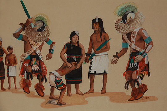 During the initiation ceremony of young boys, the Katsinas use yucca leaf whips to ceremonially whip them.  It is not serious whipping but ceremonial whipping.  The artist has presented us with a painting of a Hopi-Tewa initiation ceremony. Hopi-Tewa artist Raymond Naha was born in the village of Polacca in 1933. He had the fortune of studying under master Hopi artist Fred Kabotie for a year while in high school. Later, he took art correspondence courses so that he could study on his own. He also was a student at the Phoenix Indian School.  For the most part, Naha painted with casein, but, occasionally, he was known to work in oils, pastels, ink, and especially acrylics beginning in the 1960s. His painting was usually flat and he used color to create depth in his works in the traditional Hopi way. Naha passed away at age 42.  He achieved a lot during his short career but it would be interesting to see how much more he might have accomplished had he lived into the latter quarter of the 20th century.   Condition:  The painting appears to be in original excellent condition although it has not been examined out of the frame. Provenance: from the collection of Katherine H. Rust Recommended Reading: Southwest Indian Painting a changing art by Clara Lee Tanner 