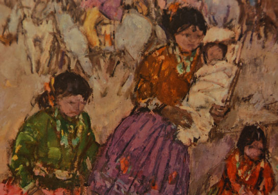In 1918, Leon Gaspard and his wife settled in Taos, New Mexico. A late comer to the art scene in Taos, he was received coolly at first until "Buck" Dunton made him his friend. Painting and traveling, Gaspard was able to establish himself as an important painter of the West.  Gaspard had been born in Russia and was a respected European painter long before he came to America. His first one-man show while still a student in Paris resulted in the purchase of 35 Paris sketches by a New York collector. His successful career in Paris was brought to an end when World War I started and he enlisted in the French Air Corps.   He was seriously wounded when he was shot down and he eventually moved to New York City, in 1916. His doctor recommended a warmer climate as being good for his wounds so he and his wife moved to Taos. In Taos, Gaspard was fascinated by the indigenous culture, and set about learning and painting it. His vibrant style was rooted in Impressionism, and resisted many Modernist trends.  Of all the Taos artists of the time, Gaspard’s paintings were the most brilliant in color.  He had traveled with his dad as a child on fur trades to Asia where he was exposed to colorful clothing and exotic cultures, memories that stayed with him and influenced his paintings throughout his life.  His experiences in Taos reminded him of his native Russia and his paintings carried over to the mixed cultures of his life experiences.   This is a print-transfer from an original Gaspard painting to a canvas print. The title of the original painting is undetermined as is the date of the original art.  It is obvious that the image reflects a Taos Pueblo Ceremonial function, perhaps a Buffalo Dance.  Condition: original condition  Provenance: from the collection of Katherine H. Rust  Recommended Reading:   Taos a Painter's Dream by Patricia Janis Broder and Carl Schaefer Dentzel (Nov 1980)  