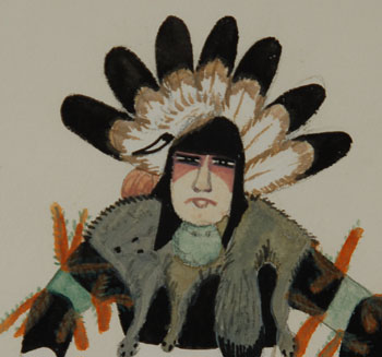Peña was a student of Dorothy Dunn at The Studio of the Santa Fe Indian School in the early 1930s. He had, however, started painting earlier than the 1920s, and continued until his death in 1979. His complete name was José Encarnación Peña and his Native name was variously spelled Soqueen, Soqween, So Kwa a Weh, translated to “Frost on the Mountain.” Those who remember him in his later years recall that he was called Enky (pronounced "inky").  Soqween's attention to detail was meticulous and his renderings of figures were sensitive and delicate.  His presentation of clothing and accessories was an accurate account of traditional dress for particular dancers.  His could be used to document ethnographically the clothing worn over time.  His paintings reflect a more realistic approach to painting what he saw and knew from pueblo life, than a more artistic approach for decorative purposes.  This painting is of a single dancer representing the Snow Bird, a dance of which I am not familiar.  The fact that Pena painted it is proof that it does exist and is probably danced at appropriate times at San Ildefonso Pueblo.  Condition:  appears to be in original condition but has not been examined out of the frame.  The full view of the artist board is shown without the use of a matboard.   Provenance:  from a personal acquaintance of the artist now living in Colorado Recommended Reading: American Indian Painting of the Southwest and Plains Areas by Dorothy Dunn 