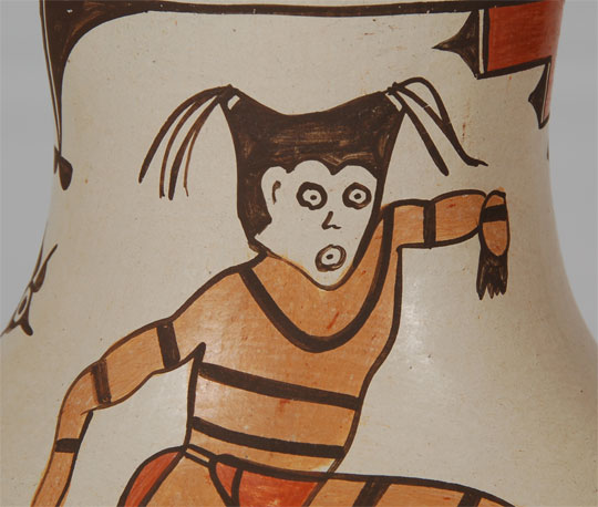 Elizabeth Medina could possibly be listed as a potter from Jemez Pueblo because that is where she was born.  When she married Marcellius Medina of Zia Pueblo in 1978, she moved to Zia and received permission from Zia Elders to make pottery in the Zia style.  Her teacher was Sofia Medina, her new mother-in-law.  Because she has been at Zia Pueblo and has made pottery in the Zia style most of her adult life, she is referenced as a Zia potter and most properly so.  This jar is typically Zia with a modern twist, that is, the cutout section of the rim.  All of the materials and methods of pottery production followed Zia tradition, but the artist added her own technique in cutting out a section of the rim.  The potter’s name appears just below the lower framing line near the bottom of the jar in the fashion started by Sofia Medina.    Condition:  original condition with some abrasion of the brown paint at the rim.  Provenance: from the Katherine H. Rust collection  Recommended Reading: Southern Pueblo Pottery 2,000 Artist Biographies by Gregory Schaaf 