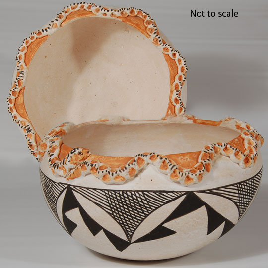 This exquisite Acoma Pueblo bowl is signed with the initials of the potter and not revealing a first name.  I have been unable to locate a potter with these initials.  The only one is Annie Cerno, whose real name is Santana Cimmeron Cerno, the mother of Joseph Cerno. Since there is no middle initial of "L" in her name, I doubt she is the potter of this bowl.   Regardless, the bowl is truly well made, finely painted, and has a serpent in appliqué around the rim.  Quite often, appliqué attachments do not adhere well to the body of the vessel, but an experience potter knows how to achieve the near to impossible task.   Condition: original condition Provenance: from the Katherine H. Rust collection Recommended Reading: Acoma and Laguna Pottery by Rick Dillingham