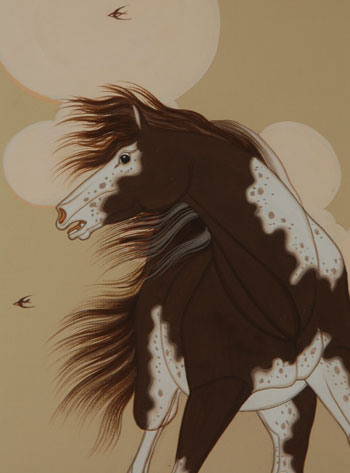 Beatien Yazz can take a single figure and, through his understanding of that figure, present it in a most interesting manner.  A painting of a single horse could be less than exciting, but Yazz has a technique of making it exciting.  In this image, he has the horse frantically running away from something.  His eye shows fear as does his nostril.  The viewer immediately understands and sympathizes with the horse. The simple landscape and clouds add to the painting but do not detract from the main focus of the horse.    The painting has just been framed after having been put away since at least 1976 when the Balcombs closed their Albuquerque gallery.  The painting is framed with all archival materials and is in original condition.  It is dated 1967.  Condition:  original condition  Provenance: from the Balcomb family  Recommended Reading: Yazz: Navajo Painter by J. J. Brody 