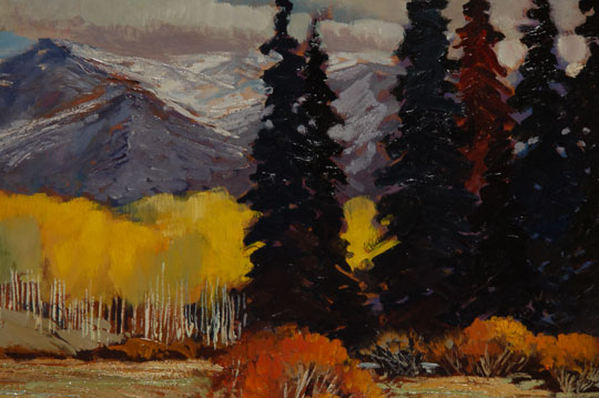 Smith moved to Albuquerque at the age of 7 years, and was associated with the University of New Mexico art department from 1956 until his retirement as a professor of art in 1984. He had studied with artists Randall Davey, Jack Levine, Ben Turner and Carl Von Hassler. During World War II, he documented combat scenes while on duty in West Africa and in the China-Burma-India Theater.  Smith was one of the most accomplished Albuquerque artists during the mid-20th century. He was a friend of Wilson Hurley, who had praised his artistic accomplishments.  In this painting, Smith has captured the period of change in the fall when the aspen leaves change from green to gold. The painting is highly textured and filled with color. It perfectly accents the feel of the fall season in the richness of colors chosen by the artist. His application of the rich colors demonstrates his knowledge of techniques of oil painting.  Condition: the painting is in original excellent condition. It is signed Sam Smith lower right and is undated.  Provenance: from an Albuquerque gentleman 