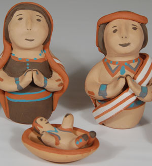 The three pieces of the Holy Family are signed Toya Jemez, but there is no first name by which to identify the name of the potter so we have indicated “unidentified potter” for the present time.  Maybe one of our clients will recognize the workmanship and inform us which Toya made the set.  It is a charming set with all the surfaces painted with natural clay and slip with the addition of perhaps commercial blue paint for the turquoise jewelry.  The set consists of the Holy Family and three animals and a cradleboard.  Condition: original condition with the exception of minor slip loss from removal of masking tape from the backs of the two adult figures. Provenance: from the collection of Katherine H. Rust Recommended Reading:  Nacimientos: Nativity Scenes by Southwest Indian Artisans by Guy and Doris Monthan 