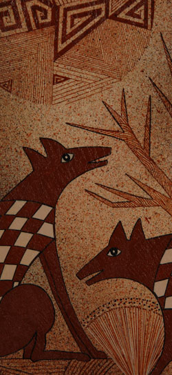 Helen Hardin, from the very beginning of her career, was at the cutting edge of Indian-influenced art. Her art, though obviously drawing on her Indian heritage and tradition, was very much in the mainstream of modern aesthetics. This fine acrylic painting on artist board is signed in lower right but not dated.  The painting is of a pair of coyotes and is a work exhibiting exceptional drafting skills and superlative technical rendering. It is quite exceptional and striking, as the work of Helen Hardin tends to be, with a true sense of the complexities and intricacies involved in the creation of such a work.  Condition: original excellent condition  Provenance: from a collector of Native paintings in Albuquerque  Recommended Reading:  Changing Woman: The Life and Art of Helen Hardin by Jay Scott 