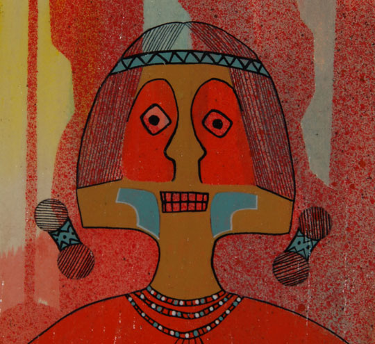 By the spring of 1971, when this painting was completed, Hardin had already had her art exhibited at Coronado Monument, just outside Albuquerque, in 1962, in a one-artist show.  She was only 19 years old at the time.  In 1964, she had her first exhibit at Enchanted Mesa Indian Arts gallery in Albuquerque, in 1969 she had won first prize at the Gallup Inter-tribal Indian Ceremonial, and, she had been featured on the cover of New Mexico Magazine in 1970.  She had also enrolled at the University of New Mexico to study art but did not yet settle on art as a career.  All of this catapulted her to fame and everyone wanted a Helen Hardin painting.    She was painting because she enjoyed painting and not because she thought of herself as an artist.  There also was the feeling that she did not want to compete with her artist mother. Regardless of her lack of interest in pursuing art as a career, Hardin did so.  She painted because she loved to paint but the paintings were selling as fast as she finished them and that eventually kept her painting more until finally she was a career artist.  Hardin’s paintings of this period were unlike any others by Native or non-Native artists.  They were not pictorial representations of the noble savage or blanket-draped pueblo people in front of a three-story adobe structure, they were colorful and abstract and images from her imagination.  The stippling technique employed by her for background design was akin to rock art texture, but more colorful.  Her red man is truly a red man in this image.  The flora is abstract.  The painting is unique to Hardin and that is what has made her art so desirable and collectible.  The painting is signed in lower right, titled, signed by the artist and dated April 1971 on verso, and framed in a wood frame.  Condition: original excellent condition  Provenance: from a collector of Native paintings in Albuquerque  Recommended Reading:  Changing Woman: The Life and Art of Helen Hardin by Jay Scott 