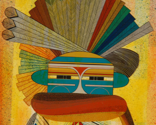 So many young Native artists shed the traditions in art fostered by their parents and grandparents and let their individual talents emerge into new and innovative art.  Allan Houser, Fritz Scholder, Popovi Da, Tony Da, Russell Sanchez, Joseph Lonewolf, Helen Hardin and many others were among the first to do so.  Helen Hardin, maybe not the first, but certainly one of the earliest pueblo artists to depart from traditional two-dimensional painting of the style fostered at The Studio of the Santa Fe Indian School, developed her unique painting style early in her career.  Hardin struggled early in her life about her identity and her future. She did not want to become an artist and compete with her famous mother. She was half Native American and half White. From her mother’s side, she was Tewa Indian from Santa Clara Pueblo and from her father’s side she was mixed European stock. Her mother had left the pueblo when she married a non-Indian and raised her children in Albuquerque.   When Hardin did express herself as an artist, she had difficulty with her heritage. She eventually accepted her social life to be Anglo and her artistic life to be Pueblo. That never changed. Her art was based on pueblo social and religious life as she remembered it growing up and being exposed to pueblo culture. Her style was far from other pueblo artists featuring similar paintings. She was presenting the traditional in a contemporary manner.   Hardin’s paintings, even though based on pueblo religious art, are accepted by mainstream collectors, who may know nothing about pueblo religion or its significance, because of their striking beauty. One need not understand their meaning to appreciate their appeal. Early in her career, her paintings sold as fast as she could produce them. Their appeal has not diminished today.   This painting of a pueblo katsina is a striking example of her use of complicated geometric designs folded into an overall artistic presentation.  The robe is a consolidation of triangles of varying sizes, styles and colors that result in a beautiful expression.  The rainbow of colors in the feather headdress is amazingly well balanced in presentation.   Hardin had such a unique talent for design and use of color. This painting ranks high in desirability among her works. It is one of the finest of any we have had in the gallery.     Condition:  the painting is in original excellent condition and is beautifully framed in the artists’ traditional framing style.   It is signed in lower right.  Provenance:  from the Phillips estate of Colorado  Recommended Reading:  Changing Woman: The Life and Art of Helen Hardin by Jay Scott 