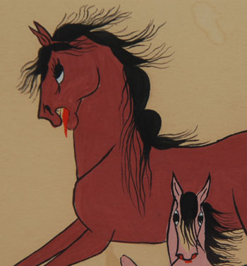 Pop Chalee, or Blue Flower, was known for her whimsical interpretations of animal and forest scenes executed in bold, bright colors. She studied in the 1930s at the Santa Fe Indian School under the tutelage of Dorothy Dunn, whose influence is quite apparent in her work as she created traditional two dimensional scenes of animals and everyday pueblo life. However, she veered away from Dunn's more conservative interpretations of Native life with her use of color and fairytale-like creatures.  Pop Chalee long ago developed a unique style of painting which combines Asian and American Indian motifs. Accused of painting in the "Bambi Style" she explained that it was the other way around—Disney Studios painted in her style.  This painting of a horse and her colt are rendered in her most popular stylized presentation.  Her animals are graceful, elegant and charming.  The presentation of the long slim legs is a trait for which she is famous.  Her animals are outlined in black and painted in pastel colors.  The horses’ tails are full and prominent as are their manes.  Pop Chalee had her own special style and no one has attempted to copy her.    Condition:  The painting is in original condition, including the spots of paint just in front of the bended right leg of the colt.  It appears that this was part of the original painting.  Provenance: from a major painting collector family of Arizona  Recommended Reading:  The World of Flower Blue by Margaret Cesa 
