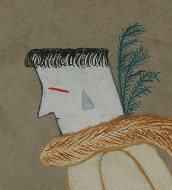 Fine Art; Native American Paintings; Painting; Ohkay Owingeh Pueblo; Gerónima Cruz Montoya; P’otsúnú The life of Gerónima Cruz Montoya is one of success. As a child, she was sent to the Santa Fe Indian School as were all pueblo children. She was very unhappy at first but eventually settled in to study. As the saying goes, if given a lemon, make lemonade, she did just that. She studied and became well educated to the point that when Dorothy Dunn, the original inspiration for the Studio at the Santa Fe Indian School, left and moved to California, she selected Montoya to take her place, which she did for the next several decades. Dunn had selected her as an assistant earlier and put her in charge of the younger children in the painting classes. She had been a student there but a short time before. She must have demonstrated abilities early in her student life. Artist Alfred Morang commented of her “the teacher has a rare grasp of the problems involved. She does not force the work into any preconceived pattern. She obviously allows the student to project his own ideas upon paper, and simply guides him into a more rounded development of his initial creative impulse.” Tanner 1973 From student to teacher to artist to legend, Montoya has seen it all. She is now 97 years old and still getting around. She visited the gallery last year and enjoyed looking at and commenting on all the paintings by her former students. Her son was in recently and said he was going to bring her back in again to see the additional paintings we have displayed. We look forward to another visit by her. This painting of a pair of clowns and an ogre katsina is labeled in pencil “Kosa and Tsaveyo” which probably is the Tewa spelling for what we generally call Koshare, which is a Hopi-Tewa word, and Chaveyo, which is a Hopi-Tewa word. At Hopi, Chaveyo is an ogre katsina so perhaps it is the same at Ohkay Owingeh. Hopefully, P’otsúnú will come visit while we still have her painting here and she may explain it to us. The painting is signed in lower center-right and dated 1947. Condition: the painting appears to be on watercolor paper and has some very slight buckling as watercolor paper tends to do but it is very minor. Provenance: from the collection of a family in Arizona. Recommended Reading: Southwest Indian Painting a Changing Art by Clara Lee Tanner